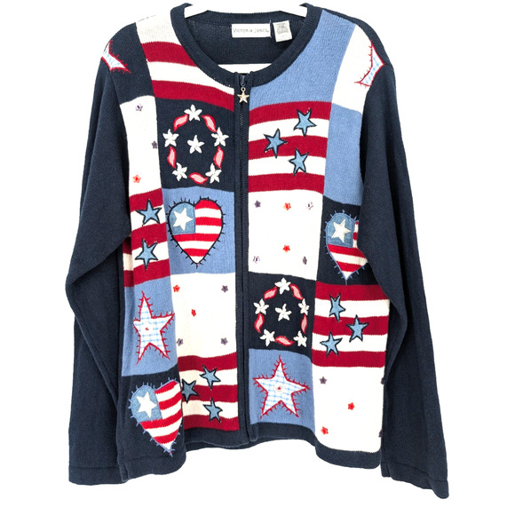 Vintage Americana Patchwork USA Stars Hearts Beaded Quilt Pattern Cardigan XL - Picture 1 of 8